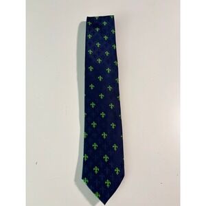 Creazioni Tucci Firenze Mens Silk Tie Navy Blue Lime Green Fleur-De-Lis Italy